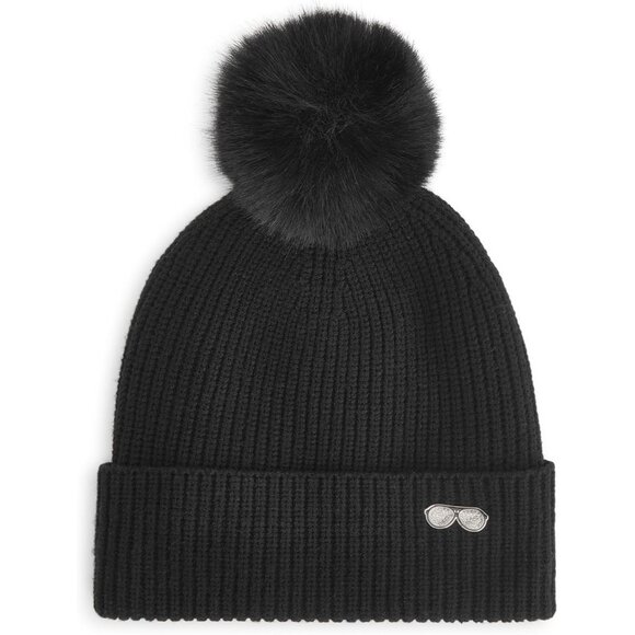 Accessories - Womens Ribbed Beanie with Sunglasses Pin Fur Pom Cold Weather Accessories